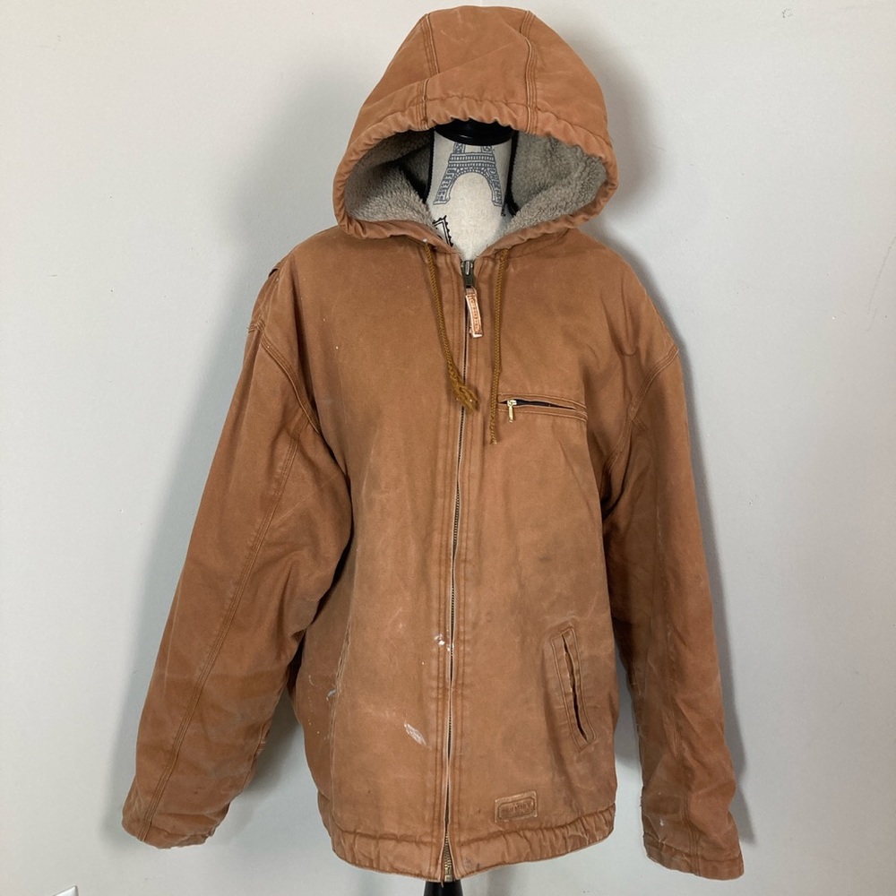 Vintage CE Schmidt Men’s Tan Canvas Hoodie Jacket with Sherpa Fur Lining
